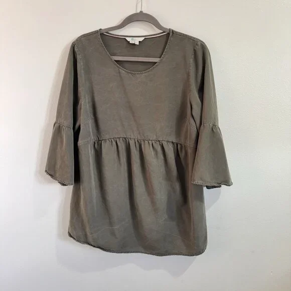 Boden Shirt 12 Curved Seam Tunic Olive Green Mineral Wash Bell Sleeves Boho - Picture 3 of 12